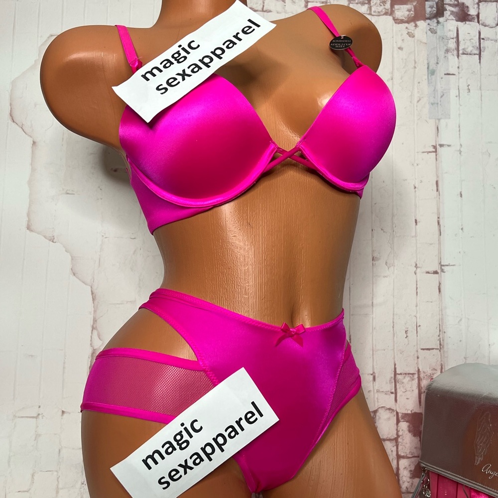 VS 32B BOMBSHELL BRA S PANTY SET ADD 2 CUPS PLUNGE SMOOTH NEON PINK
